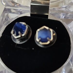 Ks Octagonal Silver Tone Stud Earrings with Blue Crystal